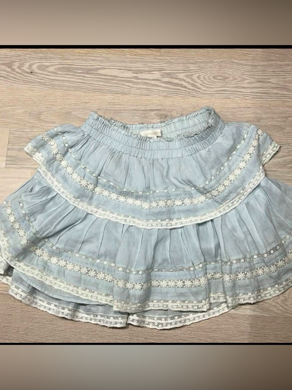 LoveShackFancy Light Blue Tiered Lace-Trim Skirt